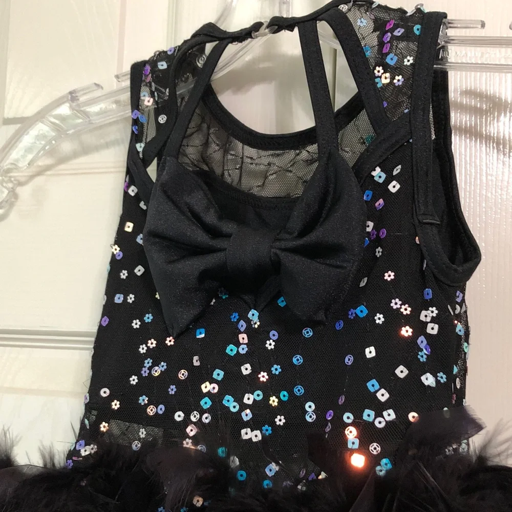 Weissman Size SC (Small) Girls Leotard Black/Teal Feathered Sequin Dance Costume